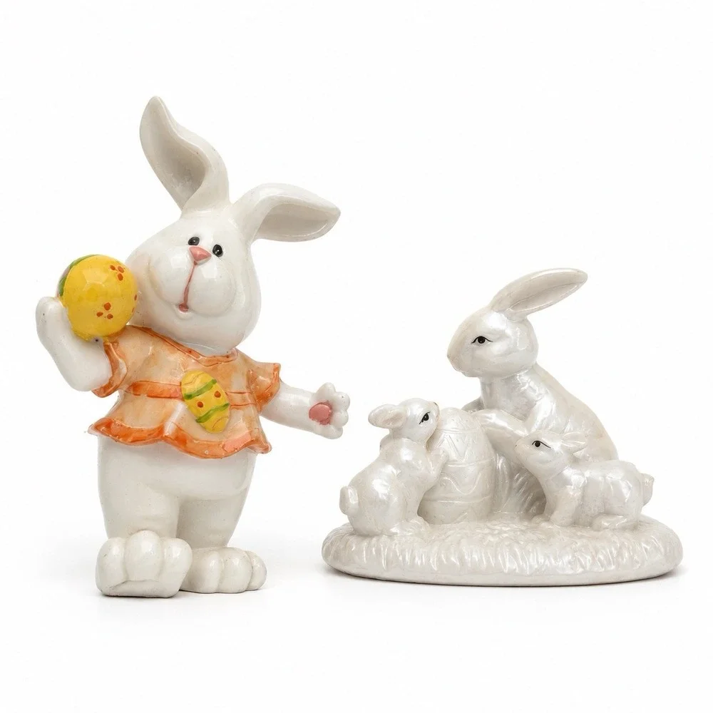 Ceramic Easter Bunny Figurines Lot of 2 Rabbit Family Egg Spring Decor